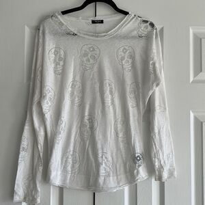 Terez White Skull Sheer Long Sleeve Women’s Top